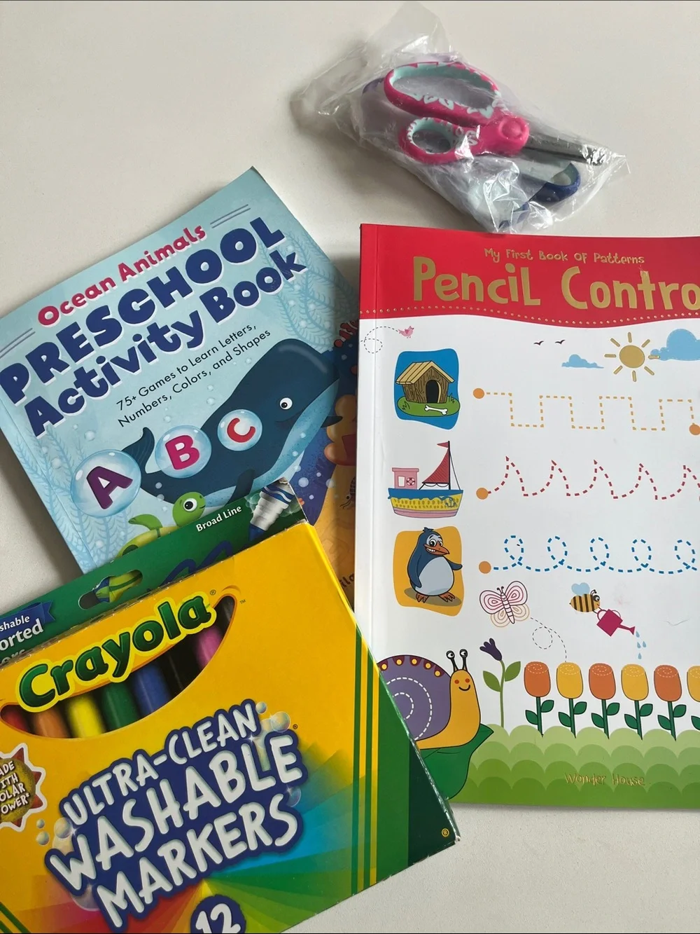 Preschool Activity Books, Skill Practice and Crayola Marker and 3 Piece Scissors